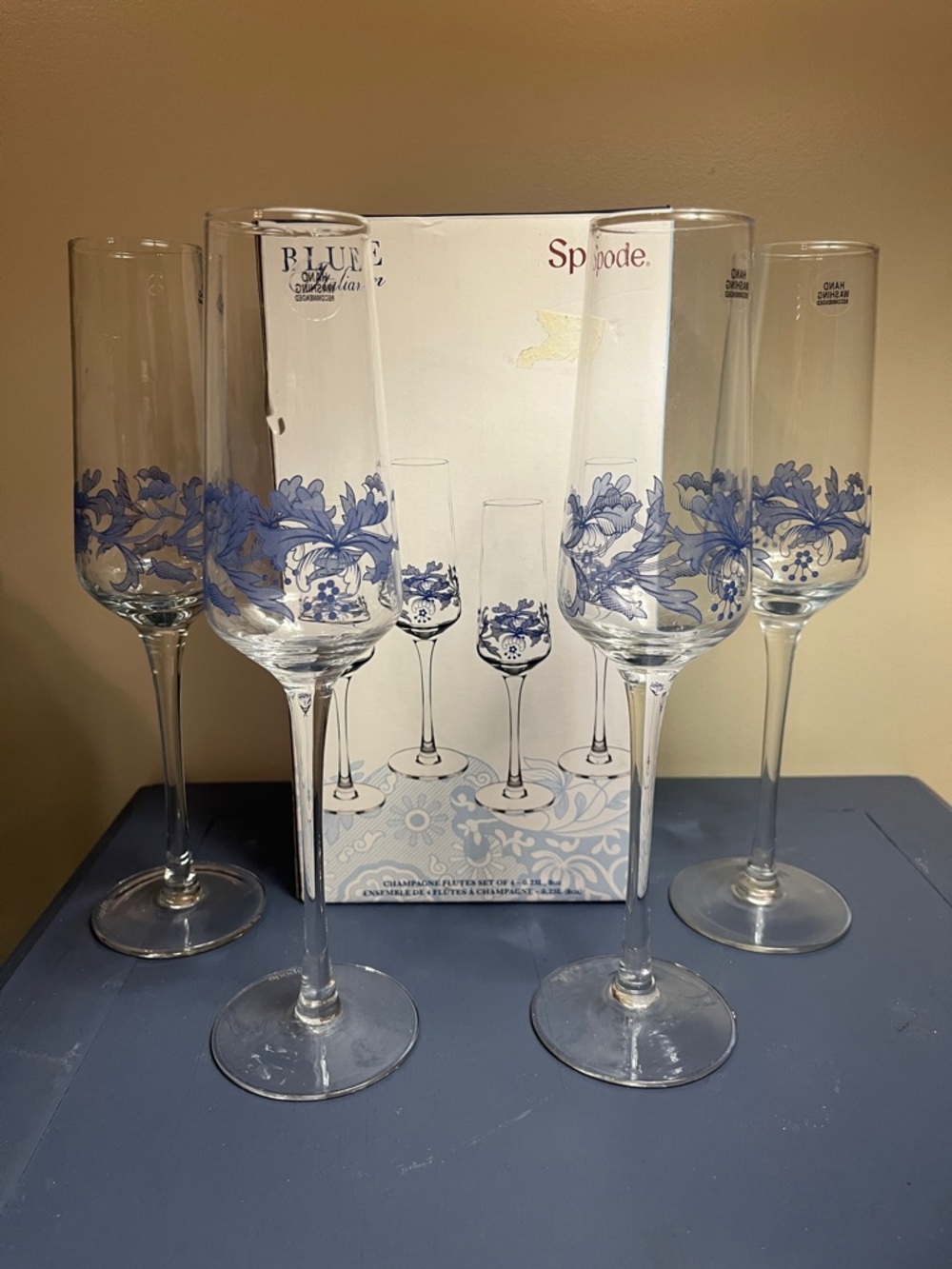Spode Blue Floral Champagne Flutes - Blue Pattern Set of 4